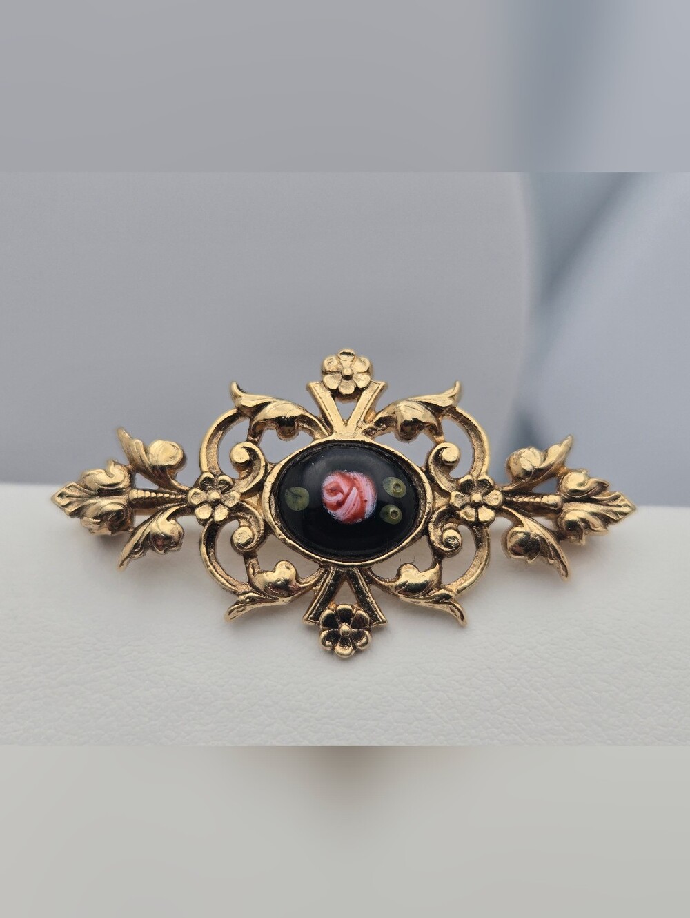 Vintage Victorian Style Brooch Pink Porcelain Flower Black Enamel Gold Tone